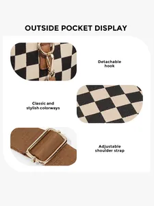 Detail of checkered woven bag with detachable gold hook and adjustable shoulder strap