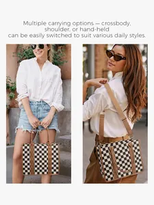 Close-up of checkered tote bag showing adjustable brown shoulder strap and PU leather handles