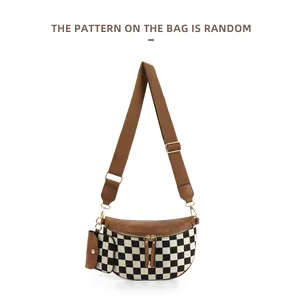 Women's Checkerboard Waist Bag PU Leather Crossbody Chest Bag With Small Pouch Adjustable Wide Strap Vintage Shoulder Bag For Travel Daily