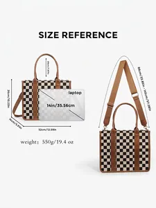 Size reference chart for checkered PU tote bag showing dimensions for 14 inch laptop fit
