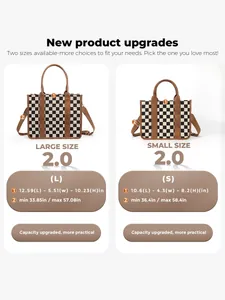 Size comparison chart showing large and small checkerboard PU leather tote bag dimensions
