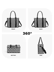 Front, back, bottom, and side views of the checkerboard PU tote with adjustable strap