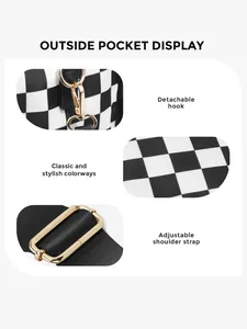 Detail of checkered PU crossbody bag featuring gold metal hook and adjustable strap