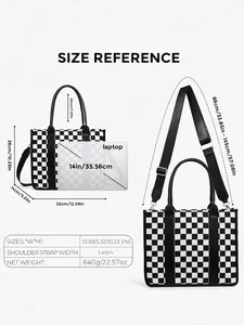 Size chart for black and white checkered straw tote bag showing dimensions and laptop fit