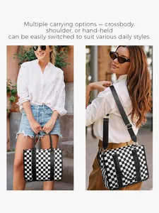 Detail of checkered tote bag showing adjustable wide strap and versatile carrying styles