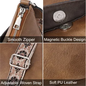 Retro soft PU leather crescent bag with adjustable bohemian woven strap and silver hardware