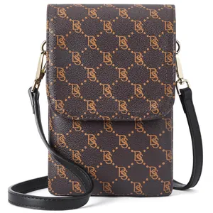 Front view of small phone crossbody bag showing the detailed brown monogram pattern