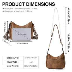Retro crescent crossbody bag size guide with 10.03x3.14x7.87 inch dimensions and adjustable strap