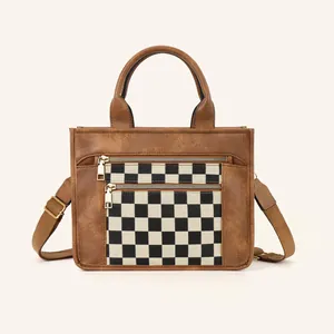 Vintage brown PU leather tote bag for women with checkerboard canvas pocket and dual zippers