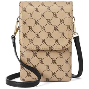 Small women's PU leather crossbody phone bag with tan monogram pattern and black strap