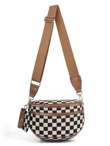 Checkboard crossbody shell bag with double zippers and detachable mini coin purse