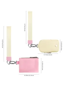 Detaillierte Größenangaben für rosa und beige Handgelenktaschen mit abnehmbarem Schlüsselband