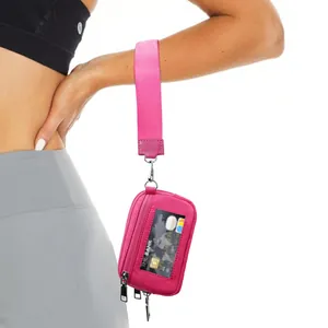 Cartera de muñeca rosa de nailon con ventana para ID y correa para deporte y fitness