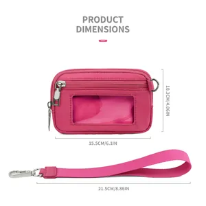 Monedero de muñeca en nailon rosa con dimensiones 10,3 x 15,5 cm y ranura transparente