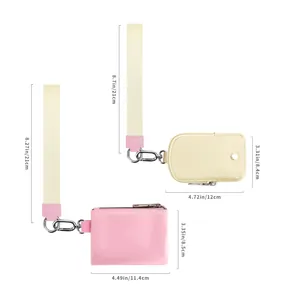 Nylon-Handgelenk-Geldbörse mit Trageband und Größenangaben in Rosa und Beige
