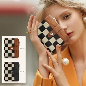 Checkboard pattern small wallet with card slots and zipper pocket for women
