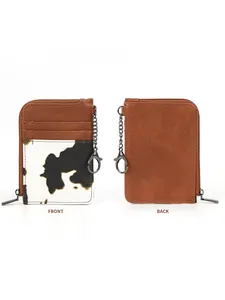 Front and back views of cow print PU leather wallet with zipper and anti-lost chain