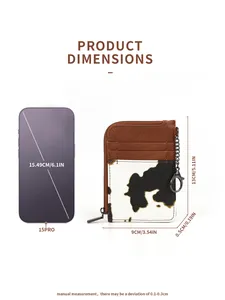 Size comparison of cow print card holder showing 13cm height and 9cm width dimensions
