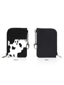 Front and back view of cow print PU leather card holder wallet with keychain chain