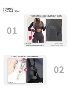 Detail view of pink quilted mini pouches with metal hooks attached to sportswear