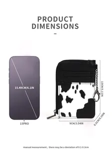 Size chart showing cow print PU leather wallet dimensions of 13x9cm next to an iPhone