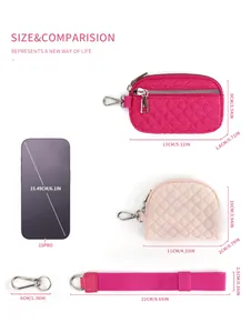 Detailed size chart for quilted mini wristlet pouch with pink zip coin bag dimensions