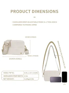 Detailed size chart for quilted crossbody bag with strap length and iPhone comparison