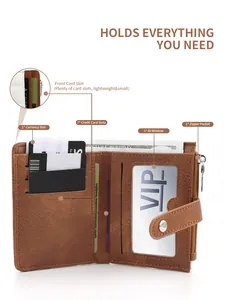 Brown leather wallet detail showing 7 card slots, ID window, and metal zipper pocket