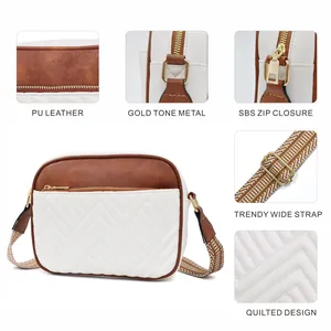 Detail of quilted white PU leather crossbody bag with brown trim and SBS zipper