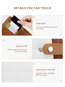 Detailed close-up of brown checkerboard wallet featuring card slots and snap button