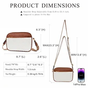 Detailed size chart for crossbody camera bag showing dimensions and adjustable strap drop