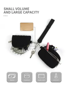 Detail view of black quilted multi-functional pouch set showing compact storage capacity