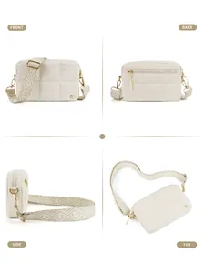 Quilted beige crossbody bag with patterned strap shown from multiple angles and views