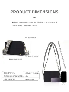 Size chart showing product dimensions and adjustable strap length for the quilted bag