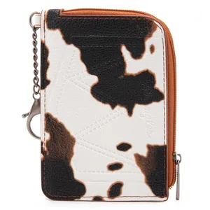 Cow print PU leather card holder wallet with silver chain and Wrangler logo detail