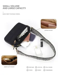 Detail showing small volume and large capacity of the quilted crossbody bag with inner pockets