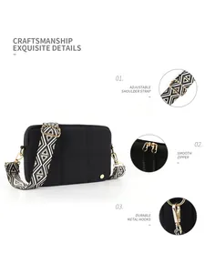Detailed view of black quilted crossbody bag with patterned strap and gold hardware
