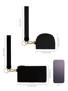 Schwarzes Neopren-Handgelenkstaschen-Set mit Maßen im Vergleich zum iPhone 15 Pro