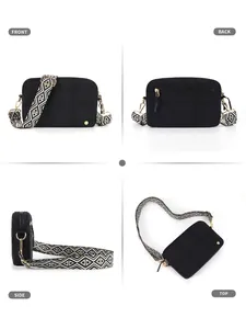 Multi-angle views of black quilted crossbody bag with stylish geometric woven strap