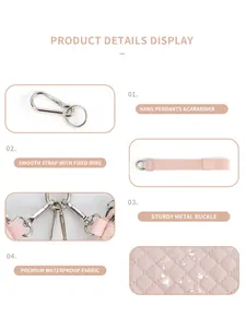 Detail of pink waterproof quilted fabric with sturdy metal buckle and woven wrist strap
