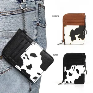 Women's PU Leather Cow Print Card Holder Wallet with Metal Hook Chain Zipper Coin Purse Minimalist Patchwork Small Case