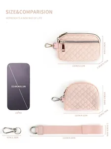 Detailed size chart for pink quilted wristlet set with measurements for mini purses