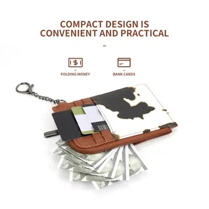 Minimalist cow print card holder with brown PU leather, three card slots and chain