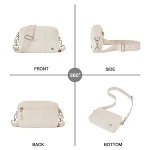 Multiple views showing quilted crossbody bag with front, side, back and bottom details