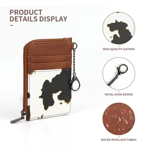 Retro cow print card holder purse with premium brown leather and metal keychain hook