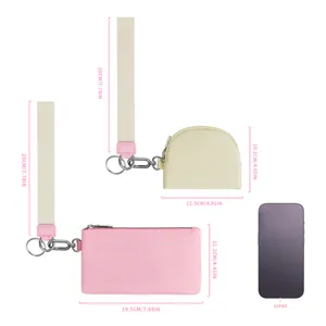 Minimalistisches Handgelenktaschen-Set mit rosa und beigen Beuteln und Größenreferenz