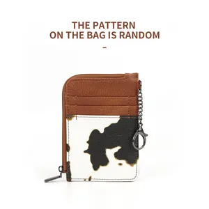 Minimalist vintage cow print card holder wallet with brown leather texture and zipper