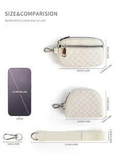 Size guide for nylon wristlet set featuring rectangular and semi-circle quilted pouches