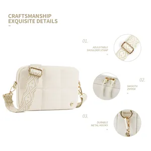 Off-white quilted crossbody puffer bag with adjustable patterned strap and gold hardware