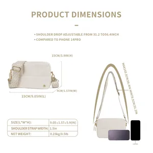 Quilted waterproof crossbody bag with size dimensions and adjustable strap details